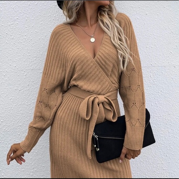 Cozy Burgundy  Cut out Back Belted Sweater Dress Minimalist - Picture 15 of 15